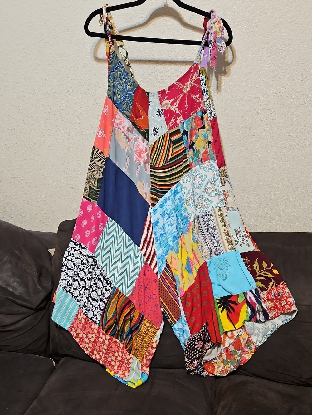 India Boutique Vibrant Multi-Color Patchwork Tie-Strap Wide-Leg Jumpsuit